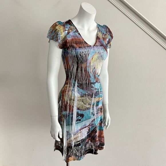 Komarov Petite Crinkle Short Sleeve Lace Inlay Mini Dress Multicolor PS - Picture 11 of 11